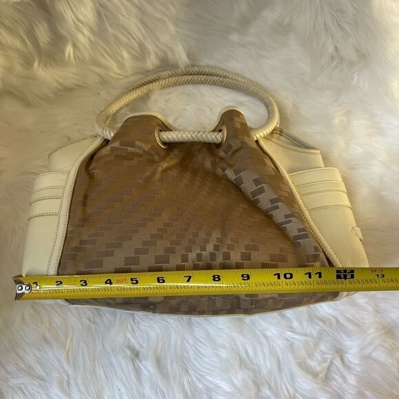 Cole Haan golden brown checkered fabric & beige leather tote gold tone a… - Picture 7 of 10